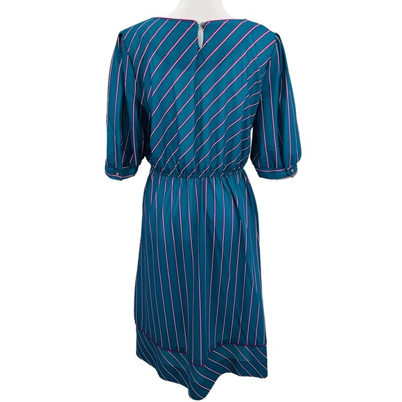 Vntg Jen Jen New York 70s Secretary Dress Teal Purple Pinstripes Puff sleeve M - Picture 8 of 13